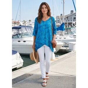 Lost River Clothing Top Women XL Teal Crinkle Gauzy Asymmetrical Artsy Lagenlook